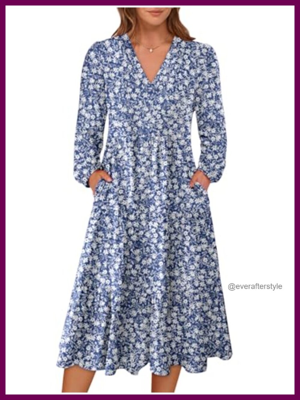 Womens Long Sleeve Boho Floral Tiered Midi Dress A-Line V-Neck Pockets